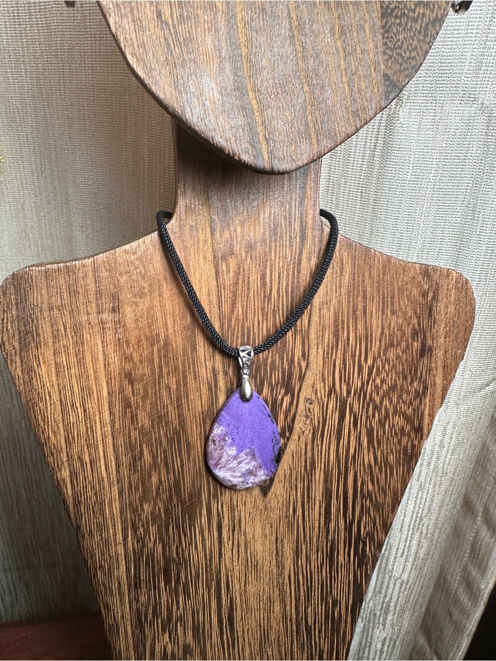 Charoite Teardrop Necklace on Sterling Silver Bail and Black Rope - Picture 8 of 14